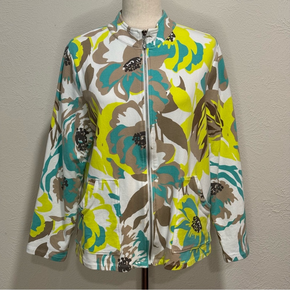 Susan Graver Floral Bomber Jacket - Turquoise, Lime, Tan, White Size L